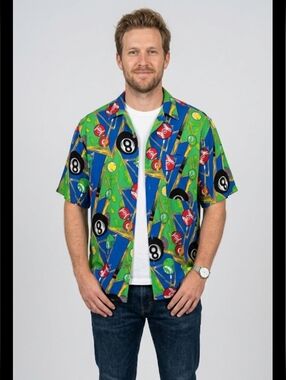 Next Exit Billiards Pool AOP Button Down Short Sleeve Shirt Men's Size Medium